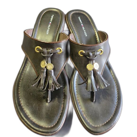 Tommy Hilfiger Brown Leather Open Toe Sandals Size 7.5 - Picture 1 of 8